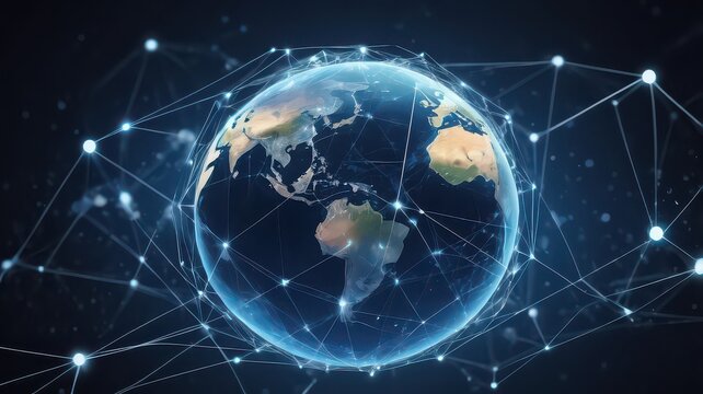 A glowing earth globe surrounded by a network of interconnected lines against a dark background