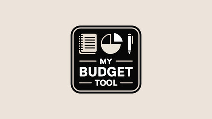 A black and white logo displaying a notepad, pie chart, and pen with the text my budget tool