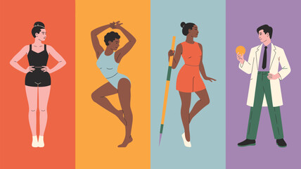 Fototapeta premium Illustrated figures of diverse individuals in various poses and professions against colored backgrounds