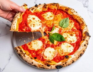 클래식 마르게리타 피자, 신선한 바질과 모짜렐라 치즈가 어우러진 이탈리안 피자 클로즈업