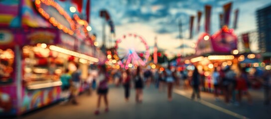 Blurred view of a bustling fairground at twilight