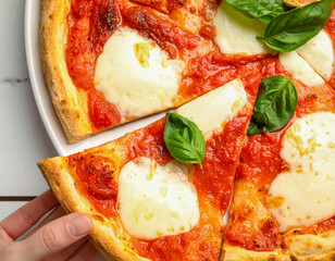 클래식 마르게리타 피자, 신선한 바질과 모짜렐라 치즈가 어우러진 이탈리안 피자 클로즈업