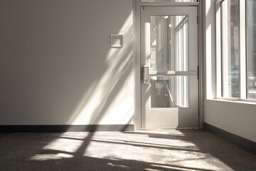 Sunlight streams through a doorway, casting long shadows on a muted-toned interior