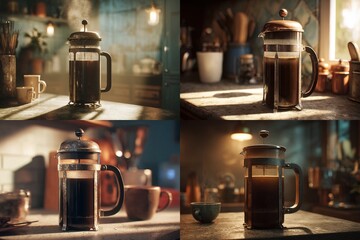 Four digital renderings depict a French press coffee maker in various kitchen settings, showcasing different lighting and angles, highlighting the rich, dark brew within the glass carafe