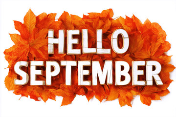 inscription Hello September on orange maple leaves on a white isolated background. Template for an Autumn postcard banner
