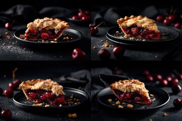 Four cherry pie slices with fruit filling on dark plates, arranged close together