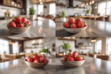 Four images showcasing a wooden bowl filled with ripe, red strawberries, set against blurred backgrounds of rustic-style kitchens with wooden cabinetry, marble countertops, and ambient lighting
