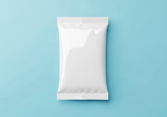 Blank white plastic pouch mockup on light blue background