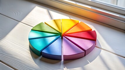 A colorful pie chart made of wooden segments arranged in a rainbow spectrum, representing data analysis and diversity