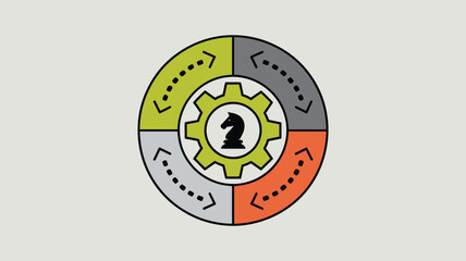 Circular diagram with four colored sections and a gear containing a chess knight in the center