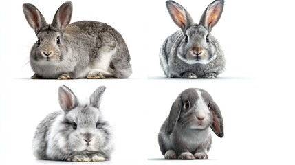 Four grey rabbits of varying breeds, posed against a white background, showcasing different sizes and ear shapes