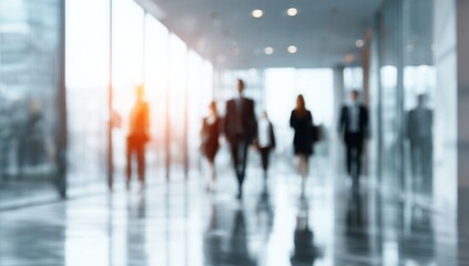 Blurred business people walking in modern office hallway