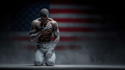 Powerful African American Athlete Kneeling with Hand on Chest in Front of American Flag, Covered in White Powder, Expressing Patriotism, Strength, and Resilience, Dramatic Lighting, Studio Shot, Dark