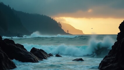 Obraz premium Powerful waves crash against the rocky shore at sunrise.