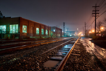 Obraz premium Industrial urban street city night scene with vintage factory warehouses and train tracks