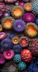 Vibrant coral polyps in diverse colors and textures