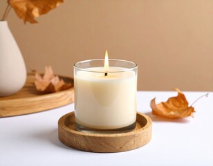 Creamy white candle burns brightly in a clear glass jar on a wooden coaster, surrounded by dry autumn leaves, creating a peaceful and warm cozy atmosphere.