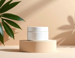 White cosmetic jar rests elegantly on a simple round beige pedestal, highlighted by natural light and distinct shadows from a green plant on a warm background.
