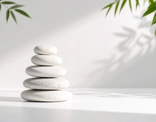 Serene stack of polished white stones carefully balances in a tall tower, illuminated by soft natural light and subtle leaf shadows.