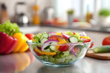 Fresh salad in glass bowl, kitchen backdrop