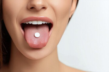 Woman About to Swallow a White Pill With a Smile, Highlighting Health and Wellness
