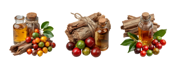 Isolated Glass Bottles with Essential Oil and Natural Ingredients