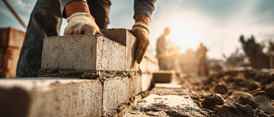 Constructing a sturdy brick wall on a sunny day at a construction site with a dedicated worker