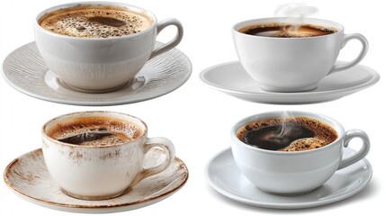 Four cups of steaming coffee, two in plain white mugs and saucers, two in off-white, rustic-style mugs and saucers; all against a pure white background