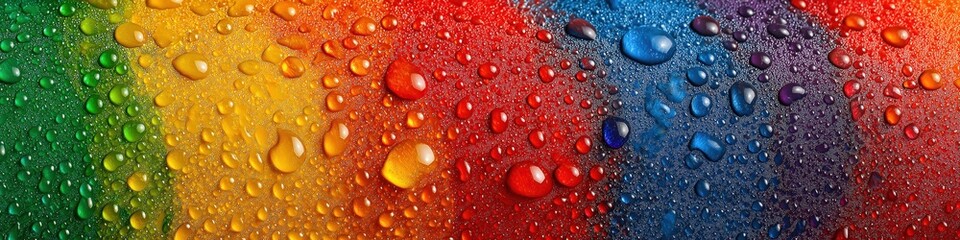rain and dew drops on rainbow colorful surface. Multicolored background with water droplet texture