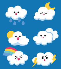 set of nine clouds in different weather and expression illustration