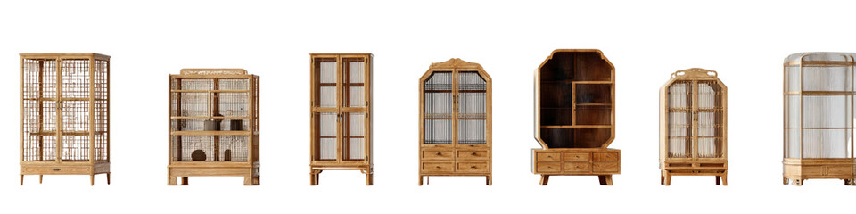 Collection of light-brown wooden display cabinets with glass fronts