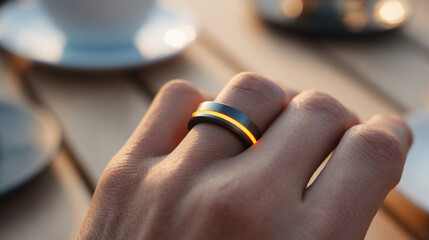 Smart ring integrates advanced technology for monitoring health data. Black ring with orange backlight