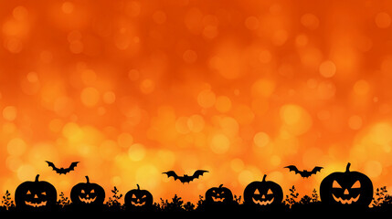 Halloween background with carved pumpkins and bats against an orange backdrop of autumn glow during the spooky season