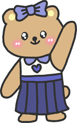 Adorable Bear in Blue School Uniform with Bow – Hand Drawn Pastel Animal Illustration