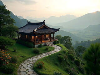 Fototapeta premium Serene Mountain Retreat at Sunrise