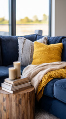 Cozy living room setting with blue couch, warm textiles, and decorative candles creating a welcoming atmosphere in the afternoon light