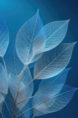 Translucent blue leaves against a deep blue backdrop