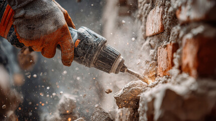 Demolition expert skillfully dismantles brick wall using a powerful hand drill on a bustling construction site