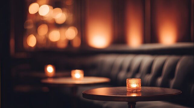 blurred image of an underground cocktail bar with velvet booths, glowing candlelight, and soft amber lighting reflecting off dark walls, creating a romantic nighttime atmosphere