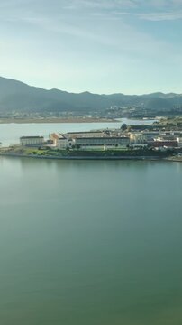 Aerial view of San Quentin Rehabilitation Center, a California state prison for men, located north of San Francisco in the USA, on a sunny day.