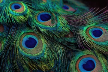 Fototapeta premium Close-up of iridescent peacock feathers, vibrant greens, blues, and purples