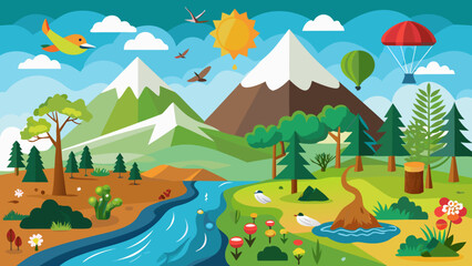 Vector art of whimsical cartoon landscape with snowcapped mountains, a winding river, diverse trees, flying birds, and airborne elements like balloons and parachutes