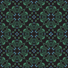 Vector floral seamless pattern from hand painted flowers and leaves on a black background