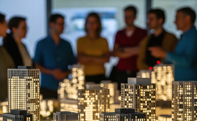 Maquettes de quartiers résidentiels éclairées avec un groupe de personnes en arrière-plan flou