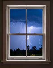 Stormy night view through window