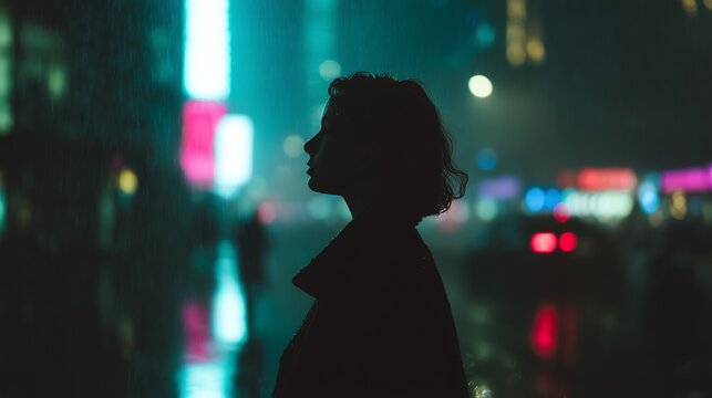Silhouette of a woman in a dark, rainy city street with neon lights and blurred background for urban mood.