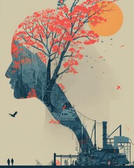 Double exposure illustration merging human profile with vibrant tree and urban industry, exploring nature and technology interaction in symbolic visual narrative