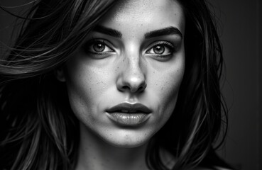 Fototapeta premium Close-up of a woman with striking facial features and intense gaze in black and white