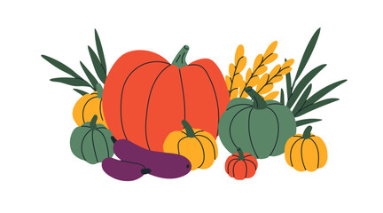 Pumpkin and aubergine, farm vegetables. Fresh healthy autumn harvest. Organic seasonal crop, squash. Natural fall produce, october products. Flat vector illustration isolated on white background