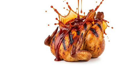 Illustration of barbecue sauce splashing on a whole roasted chicken isolated on white background
